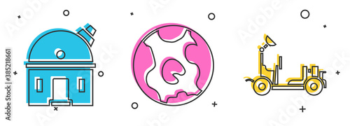 Set Astronomical observatory, Earth globe and Mars rover icon. Vector.
