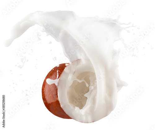 half of coconut with milk splash isolated on a white background