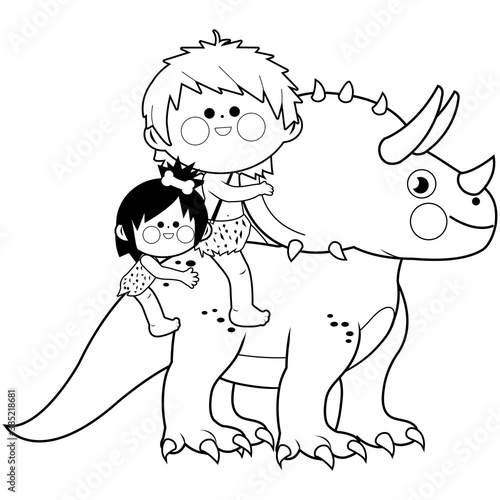 Cavemen children riding a triceratops prehistoric animal. Vector black and white coloring page