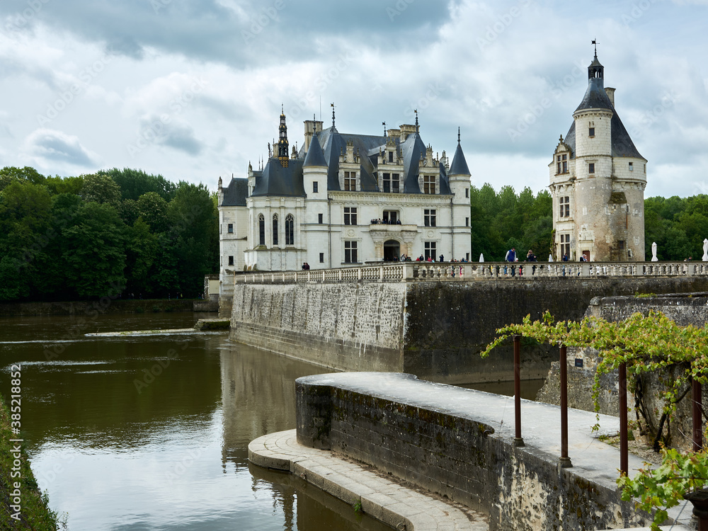 ancient castle on the river Loire with reflection in the water