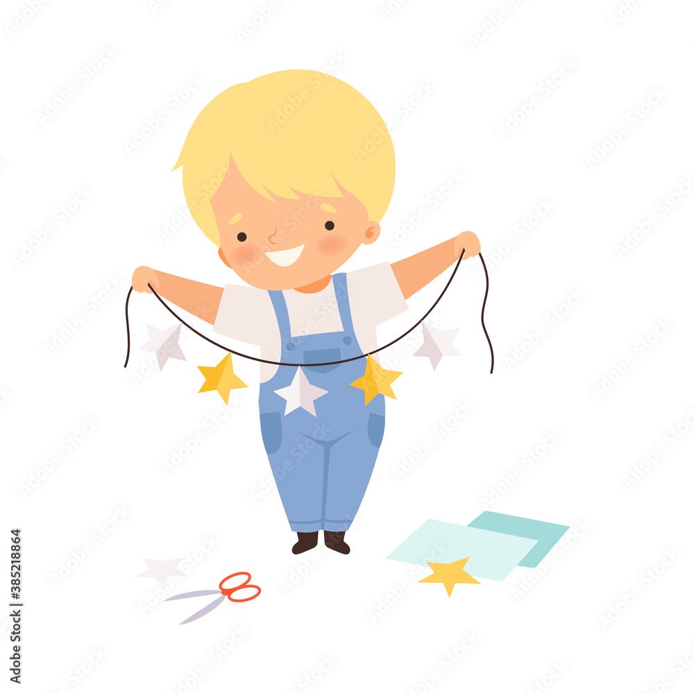 Smiling Boy Holding Made from Paper Star Garland Vector Illustration Smiling Boy Holding Made from Paper Star Garland Vector Illustration