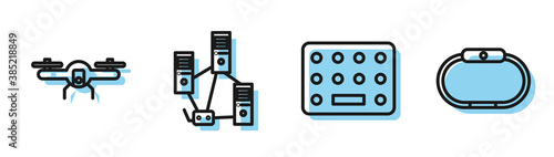 Set line Pills in blister pack, Drone flying, Computer network and Smartwatch icon. Vector.