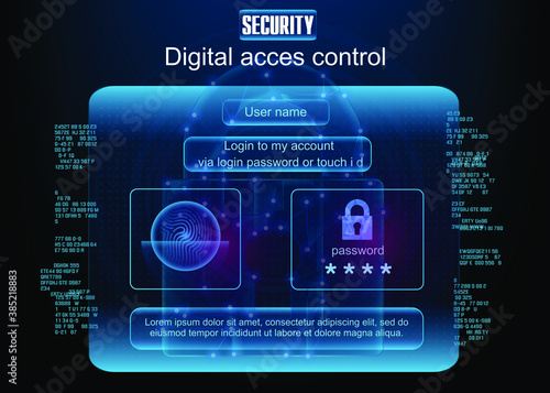 User interface for login. Holographic login window with password or touch ID. Authenticated panel for secure entry. Security code and protection of your data. Vector