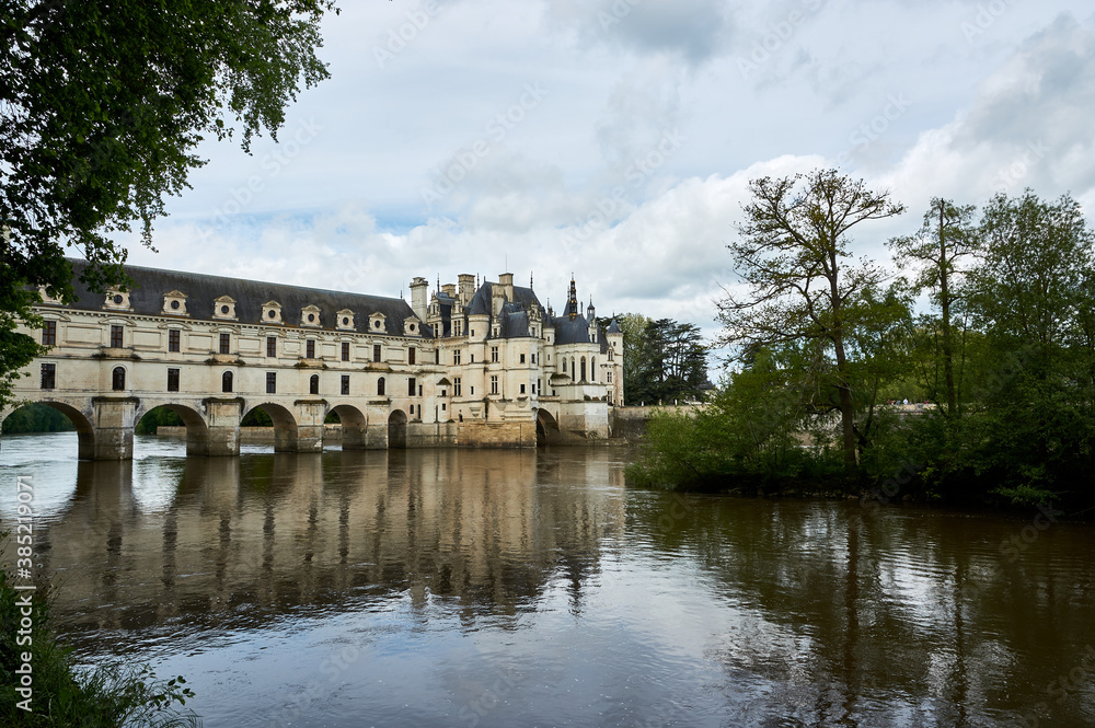 ancient castle on the river Loire with reflection in the water