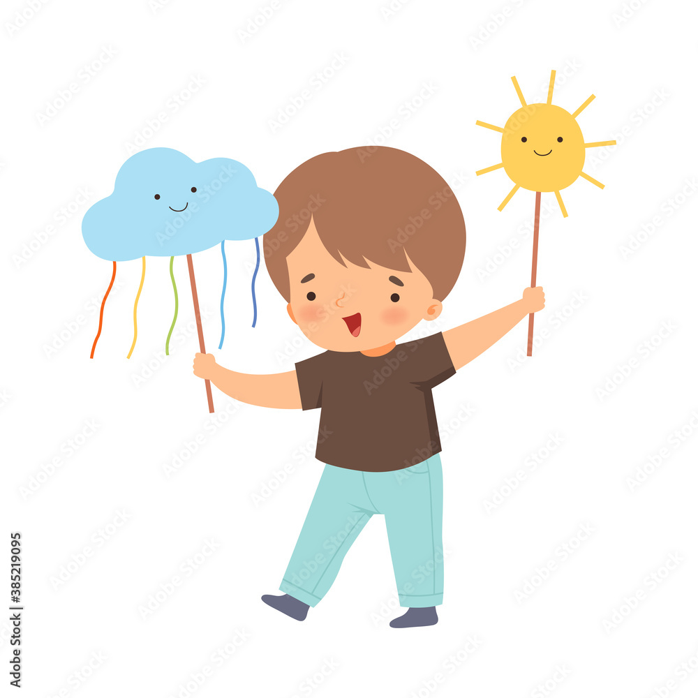 Little Boy Showing Handcrafted Paper Cloud and Sun Vector Illustration Little Boy Showing Handcrafted Paper Cloud and Sun Vector Illustration