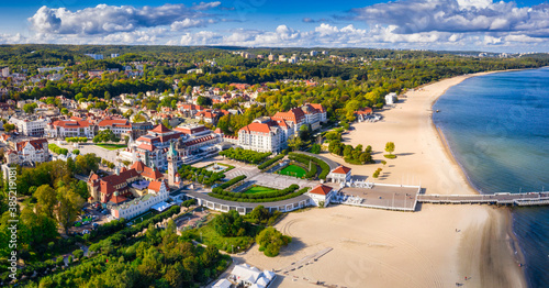 The sunny scenery of Sopot city and Molo - pier on the Baltic Sea. Poland