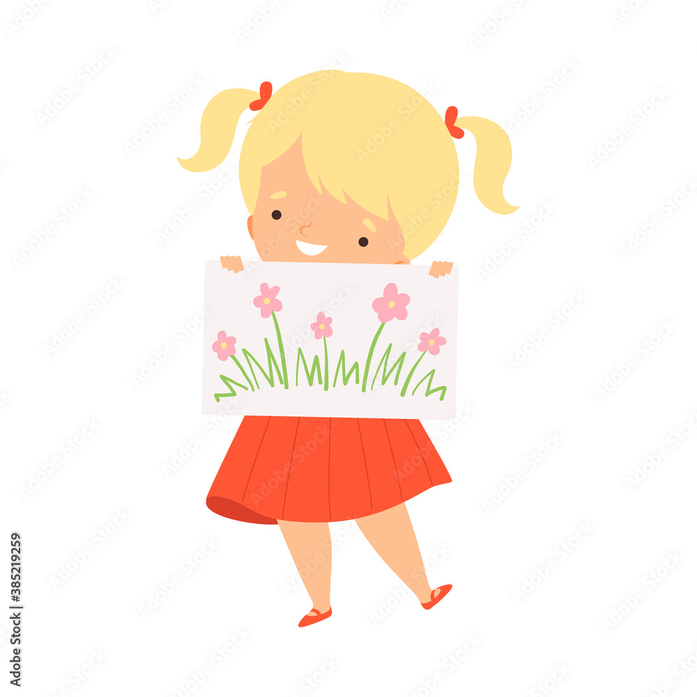 Smiling Girl Showing Paper with Pictured Flower Vector Illustration Smiling Girl Showing Paper with Pictured Flower Vector Illustration