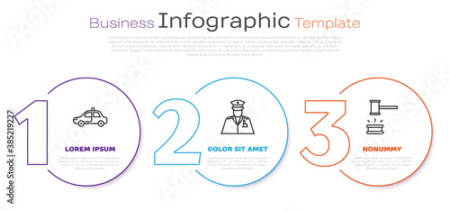 Set line Police car and flasher, Police officer and Judge gavel. Business infographic template. Vector.