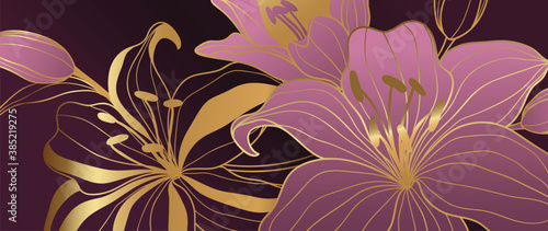 luxury gold floral line art wallpaper vector. Exotic botanical background, Lily flower vintage boho style for textiles, wall art, fabric, wedding invitation, cover design Vector illustration..