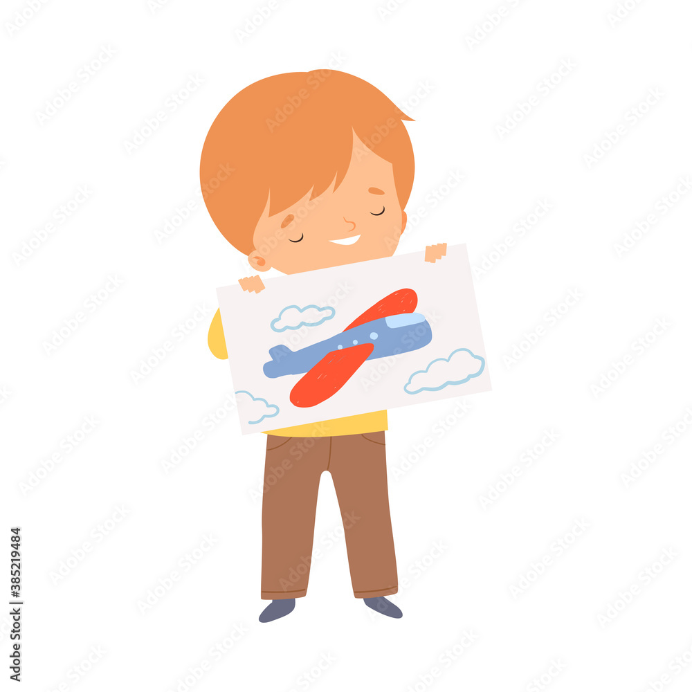 Little Boy Showing Paper with Pictured Plane Vector Illustration