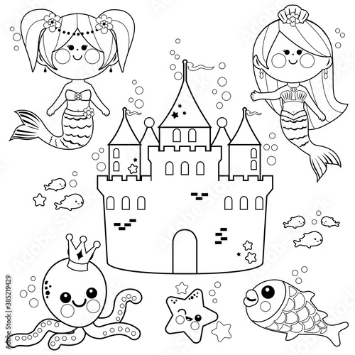 Cute mermaids and an underwater castle. Vector black and white coloring page