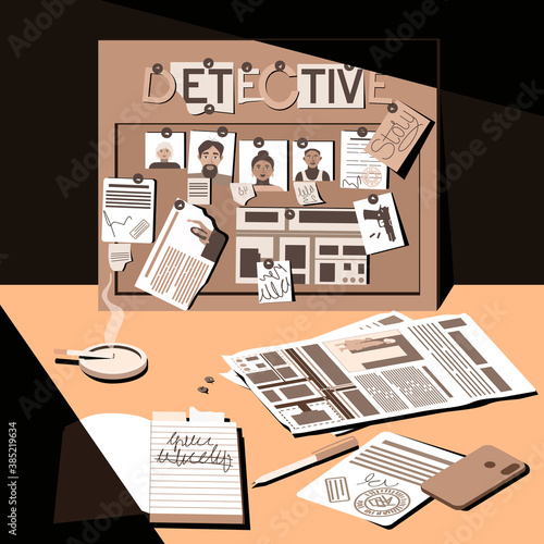 Desk of a detective, investigator and night shift worker. Late in the evening, a lamp falls on the desktop. Investigation, evidence board. View from above. Flat vector illustration.
