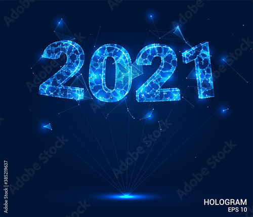 Hologram 2021. Lettering 2021 of polygons, triangles of points and lines. Christmas inscription low poly compound structure. The technology concept.