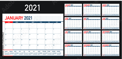 Year 2021 desk calendar vector illustration, simple and clean design. 
