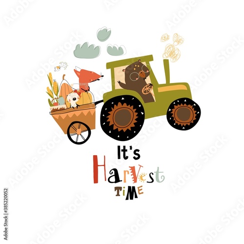 Cartoon happy animals riding on tractor with harvest