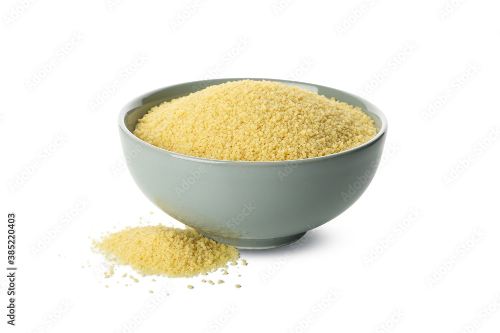 Bowl with raw couscous isolated on white background Bowl with raw couscous isolated on white background