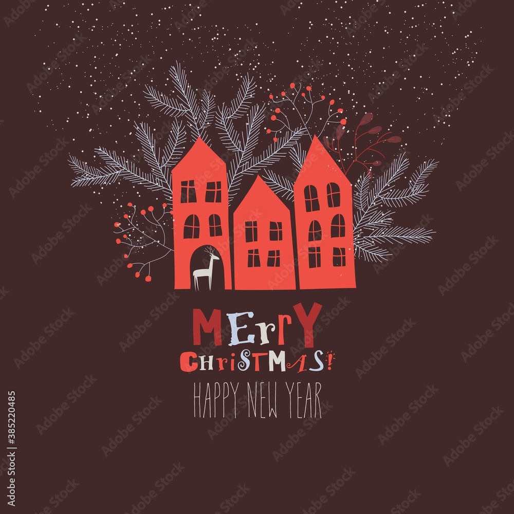 Christmas card with red houses and fir branches