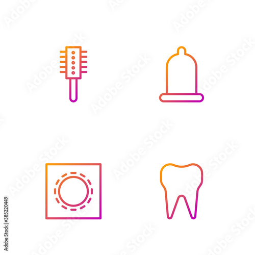 Set line Tooth, Condom in package safe sex, Hairbrush and . Gradient color icons. Vector.