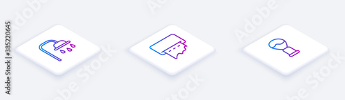 Set Isometric line Shower head, Paper towel dispenser on wall and Shaving brush. White square button. Vector.