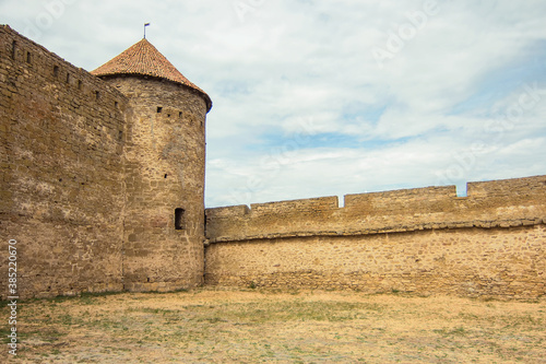 Huge cylindrical tower and defensive walls, part of the southeastern defensive wall of Akkerman fortress (Bilhorod-Dnistrovskyi fortress), in Belgorod-Dniester city, Ukraine. Ukrainian landmark