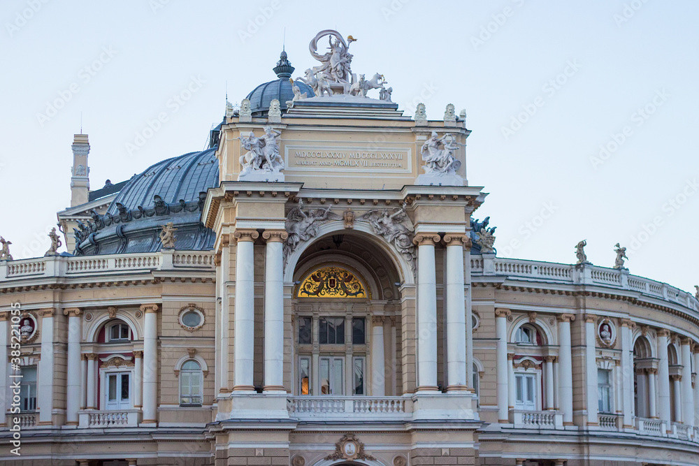 Obraz premium Close up view of the Odessa National Academic Theater of Opera and Ballet in Ukraine. Cultural Center on the Black Sea
