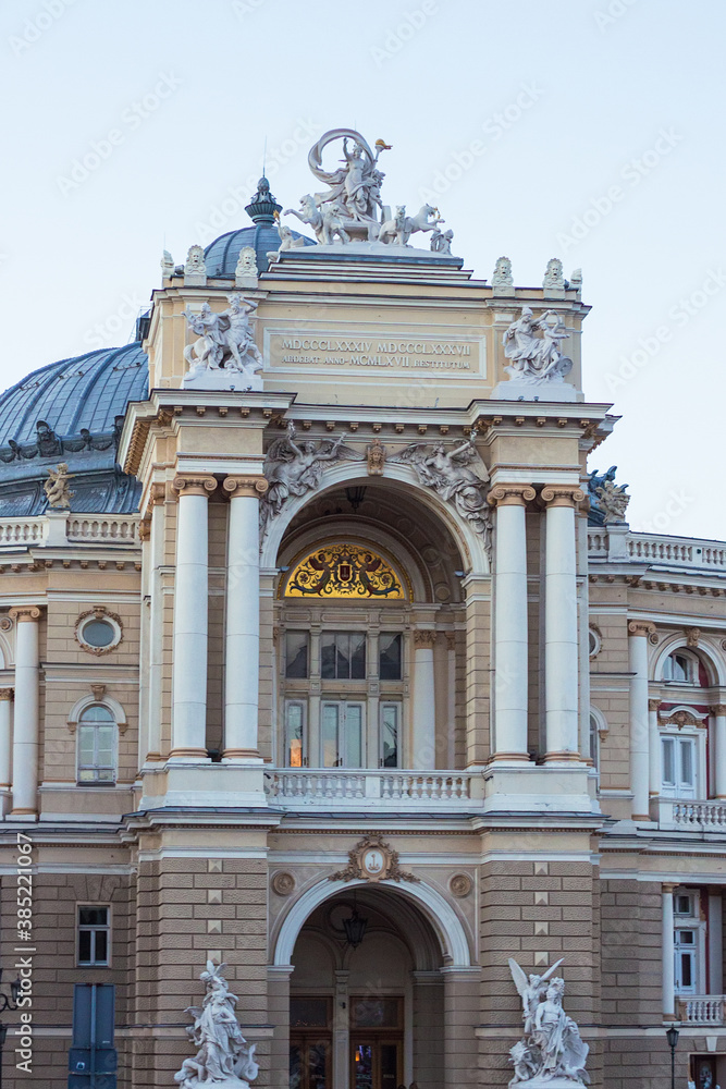 Close up view of the Odessa National Academic Theater of Opera and Ballet in Ukraine. Cultural Center on the Black Sea
