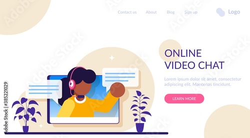 Online video chat. Internet talk, call technology. Video player window with speaking woman and messages. Modern flat iluustration.