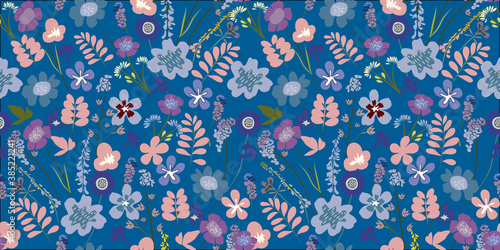 Blooming midsummer meadow seamless pattern. Plant background for fashion, wallpapers, print. A lot of different flowers on the field. Liberty style. Trendy floral design