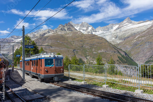 The mountain train from Zermatt up to Gornergrat. The Gornergrat bahn. Summer in the swiss alps. Switzerland. © sgolovunin