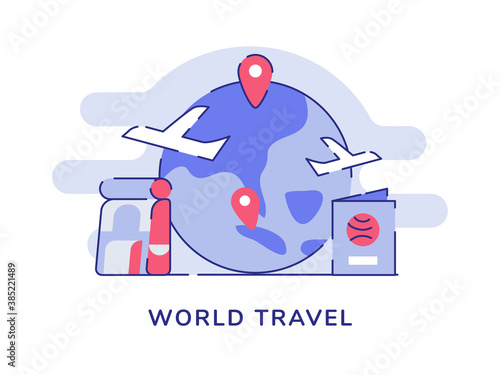 World travel concept air plane flying pointer location earth backpack passport white isolated background with flat outline style