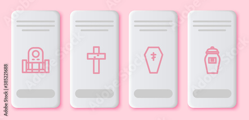Set line Grave with tombstone, Christian cross, Coffin and Funeral urn. White rectangle button. Vector.