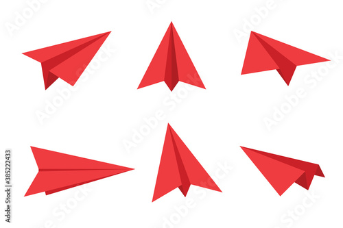 Red paper plane in different positions. Handmade paper airplane illustration isolated on white. Travel symbol