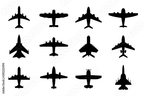 Collection of airplane silhouettes. Commercial and military planes. Isolated on white. Aircraft set for your design