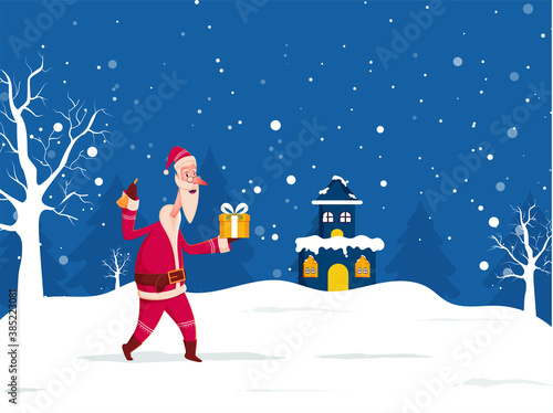 Cheerful Santa Claus Holding a Gift Box with Bell, Bare Trees and House Illustration on Snow Falling Blue and White Background.