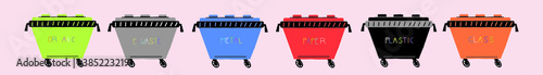vector illustration of a set of garbage cans for waste sorting. 
Recycling system for plastic, paper, organic, e-waste, glass. Eco-friendly garbage disposal, zero waste. Freehand bright style 