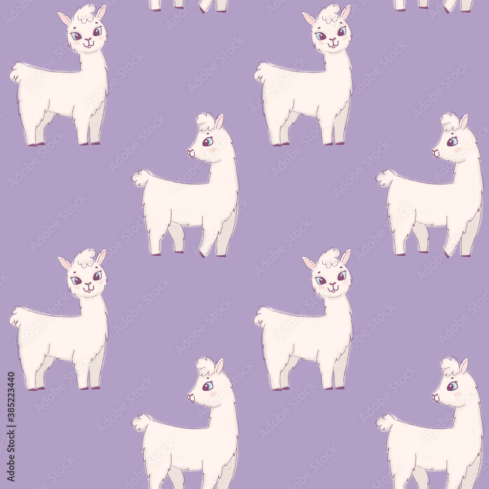 Cute cartoon white alpaca with light purple background. Seamless pattern for print, design, wallpaper, texture