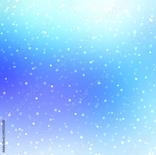 Light snow on blue bright empty background. Blur pattern. Soft texture for winter holidays design.