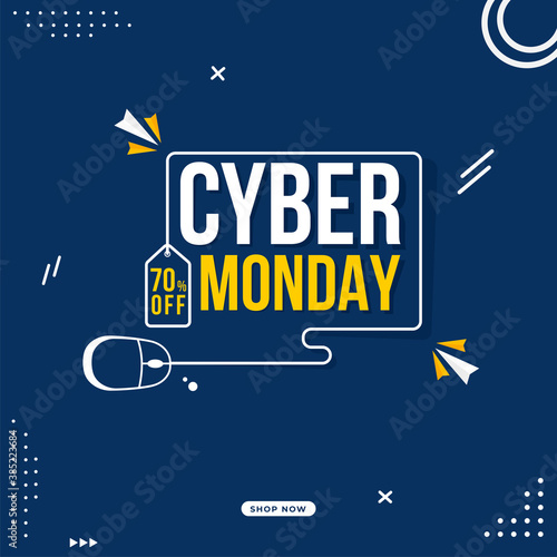 Cyber Monday Text with Line Art Mouse and 70% Discount Tag on Blue Background for Sale,