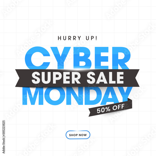 Cyber Monday Super Sale Poster Design with 50% Discount Offer on White Grid Background.