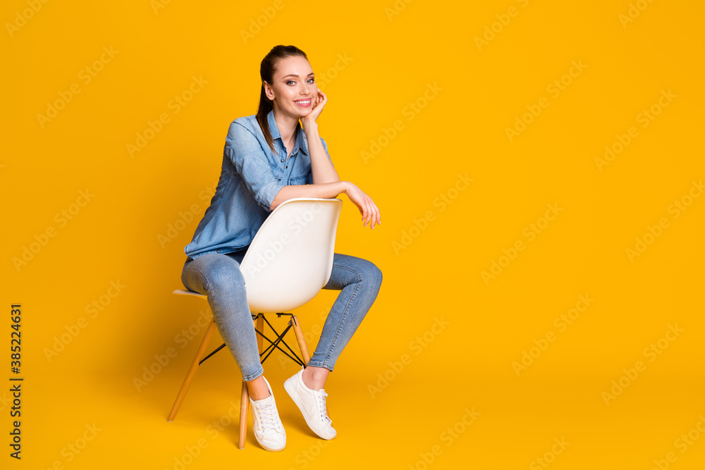 Full size photo of charming attractive girl sit chair enjoy rest relax wear look good outfit footwear isolated over shine color background Full size photo of charming attractive girl sit chair enjoy rest relax wear look good outfit footwear isolated over shine color background