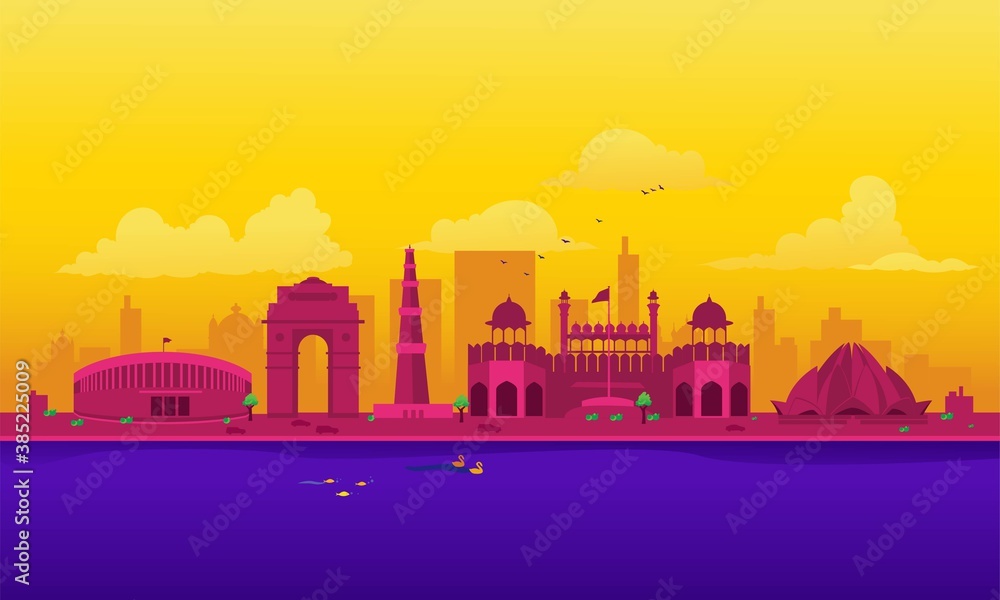 Vector cartoon illustration of the Delhi skyline. Isolated on a colored  background. Stock Vector | Adobe Stock