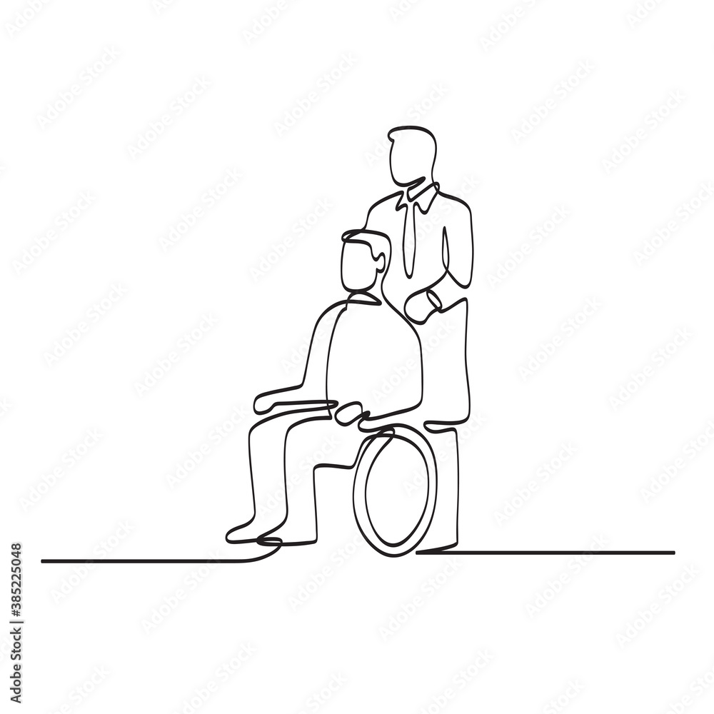 Fototapeta premium Patient Sitting on Wheelchair with Doctor or Nurse Caregiver Continuous Line Drawing