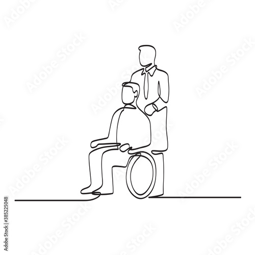Patient Sitting on Wheelchair with Doctor or Nurse Caregiver Continuous Line Drawing