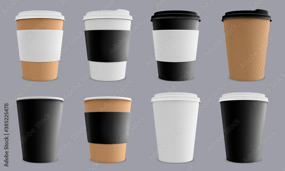 Realistic coffee cup. Paper cardboard coffee cups, cafe or restaurant 3d paper coffee disposable cups mockup isolated vector illustration set. Drink to go, blank mug for brand identity - obrazy, fototapety, plakaty 