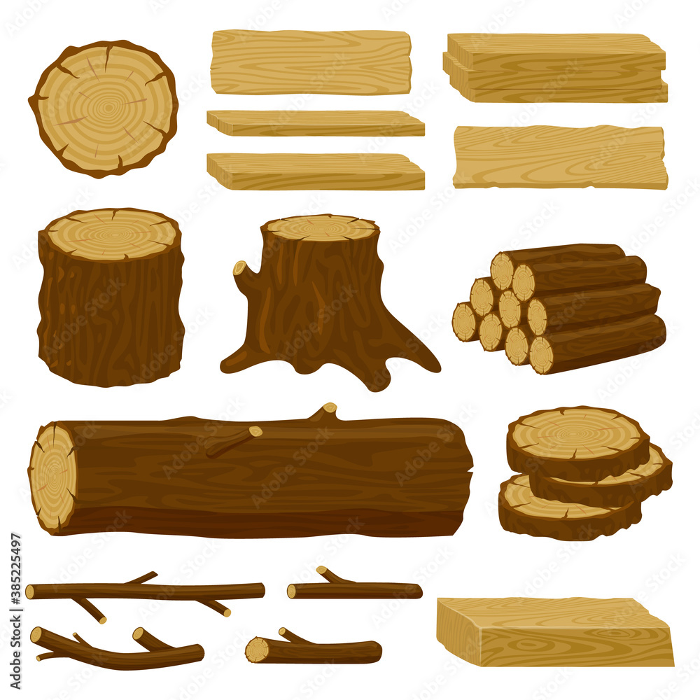 Wood trunks. Tree lumber, wood logs, logging twigs and wooden planks, stacked firewood material isolated vector illustration icons set. Wood elements for production industry, timber for fire Wood trunks. Tree lumber, wood logs, logging twigs and wooden planks, stacked firewood material isolated vector illustration icons set. Wood elements for production industry, timber for fire