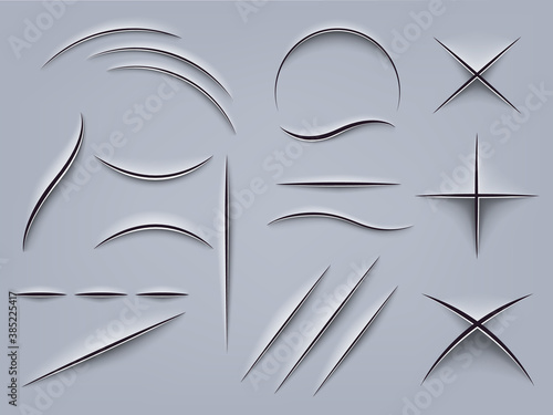 Realistic paper cut. Claw or office knife marks on paper, fabric incision, paper cuts, animal scratches isolated vector illustration icons set. Carving of different forms as cross, wave