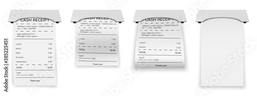 Realistic ATM bills. Paper printed bill or bank invoice transaction, financial 3D paper check, printed cash receipt vector illustration icons set. Payment blank or printout isolated