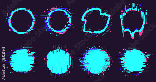 Glitch round frames. Circle distortion noise defect elements, pixel defect destroyed geometric shapes isolated vector illustration set. Dynamic damaged neon border or figure on dark