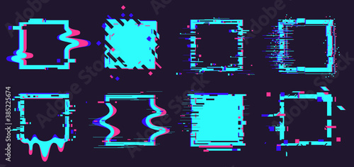 Glitch broken frames. Distortion dynamic square elements, noise defect geometry figures isolated vector illustration symbols set. Modern trendy neon shapes for banner, cover design