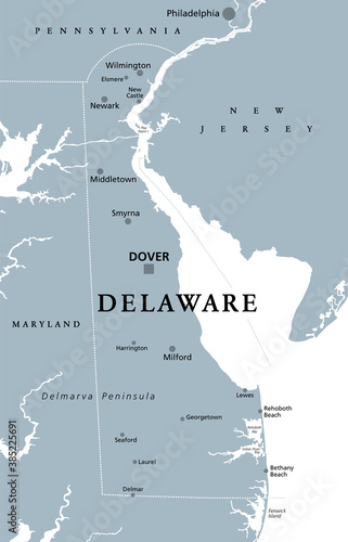 Delaware, DE, gray political map. State in Mid-Atlantic region of United States of America. Capital Dover. The First State. The Small Wonder. Blue Hen State. The Diamond State. Illustration. Vector.